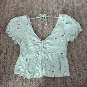 Hollister Mint Floral Puff Sleeve Blouse
